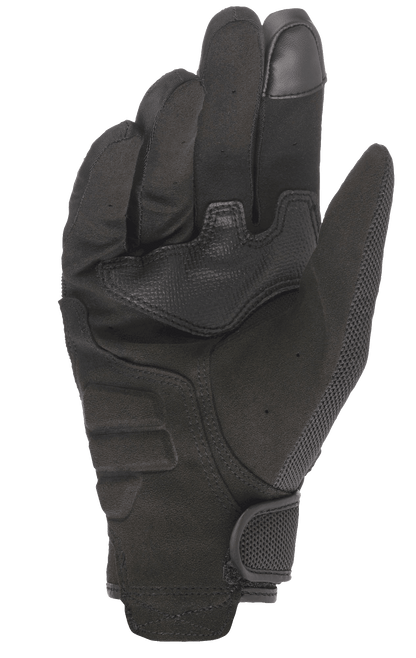 Alpinestars Stella Copper Women's Motorcycle Gloves, palm view, Black, featuring full synthetic suede palm with reinforcement patches, touchscreen-compatible fingertip, and hook and loop wrist closure