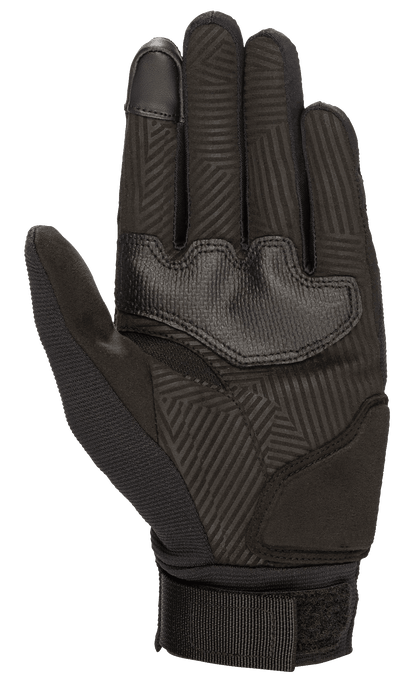 Alpinestars Women Stella Reef Gloves, Motorcycle Gloves, Black, palm side view featuring synthetic suede with geometric grip pattern, reinforced palm pads, and adjustable webbing wrist strap for urban riding comfort
