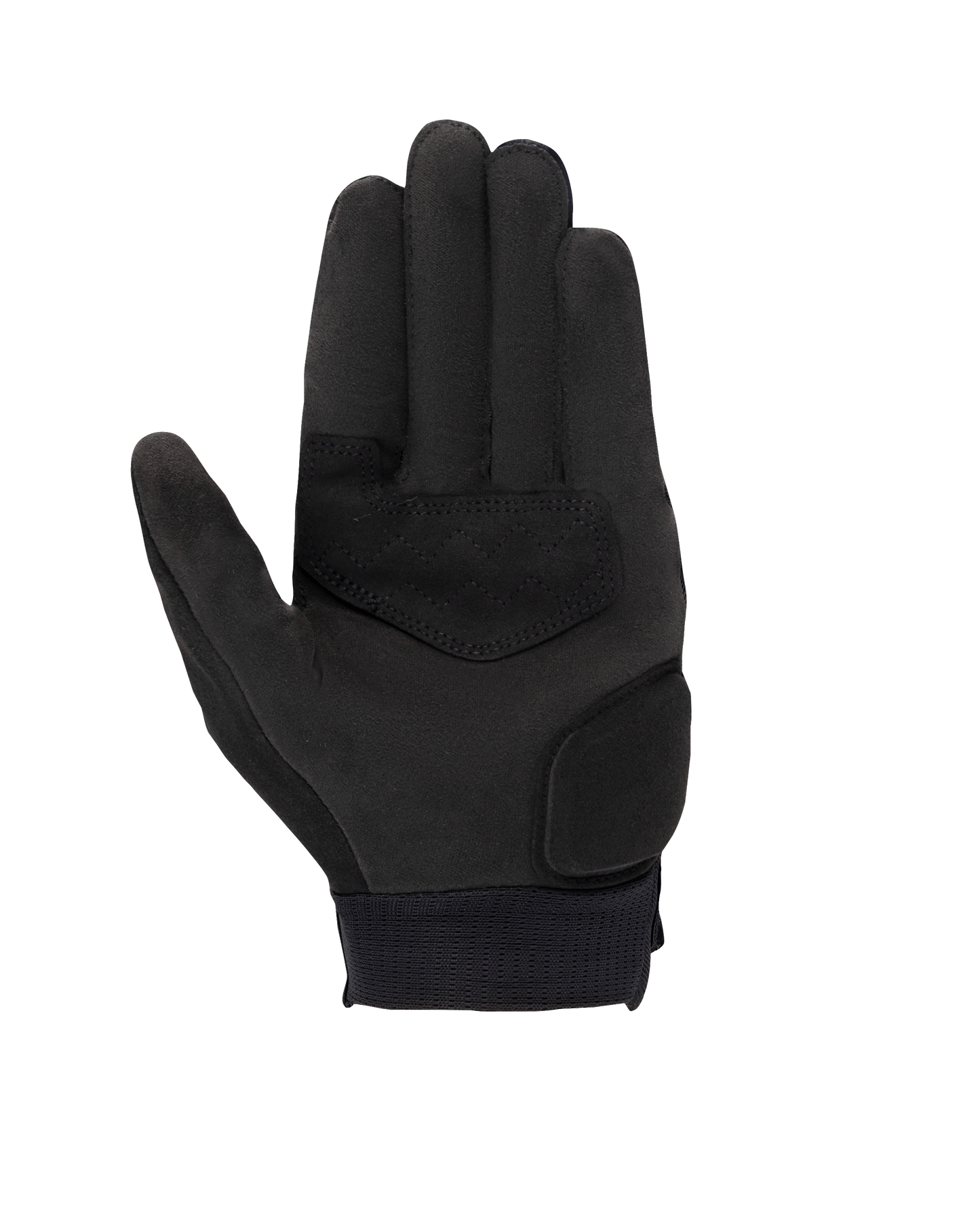 Alpinestars Stated Women's Gloves, Black, palm view showing synthetic suede material, reinforced palm and thumb areas, touchscreen-compatible fingertips, and elastic wrist cuff, urban motorcycle riding gear