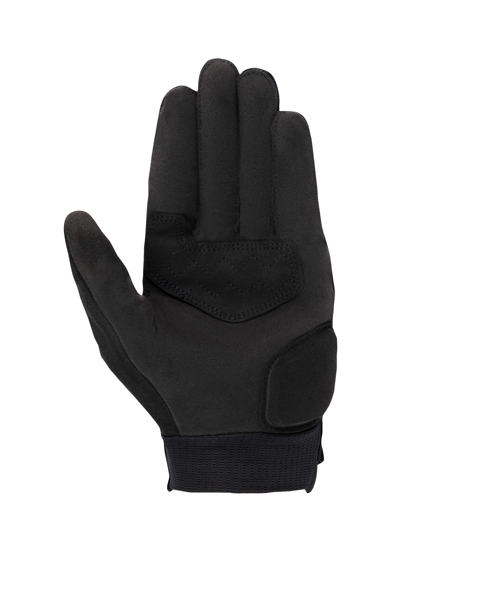 Alpinestars Stated Women's Gloves, Black, palm view showing synthetic suede material, reinforced palm and thumb areas, touchscreen-compatible fingertips, and elastic wrist cuff, urban motorcycle riding gear