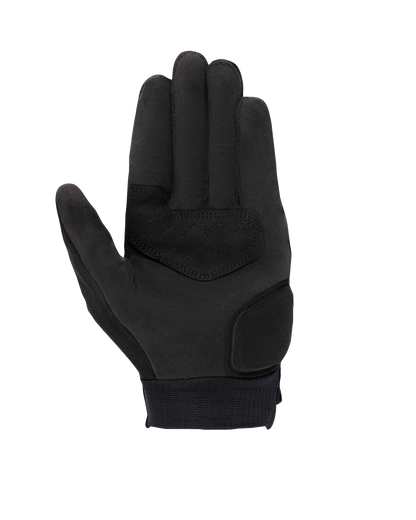 Alpinestars Stated Women's Gloves, Black, palm view showing synthetic suede material, reinforced palm and thumb areas, touchscreen-compatible fingertips, and elastic wrist cuff, urban motorcycle riding gear