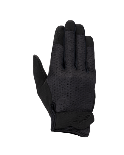 Alpinestars Stated Air Women's Gloves, Motorcycle Gloves, Black, featuring a ventilated mesh backhand, ergonomic wrist closure with embossed logo, and reinforced fingertips, streamlined urban design