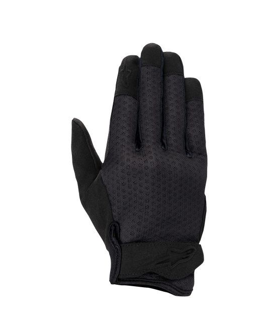 Alpinestars Stated Air Women's Gloves, Motorcycle Gloves, Black, featuring a ventilated mesh backhand, ergonomic wrist closure with embossed logo, and reinforced fingertips, streamlined urban design