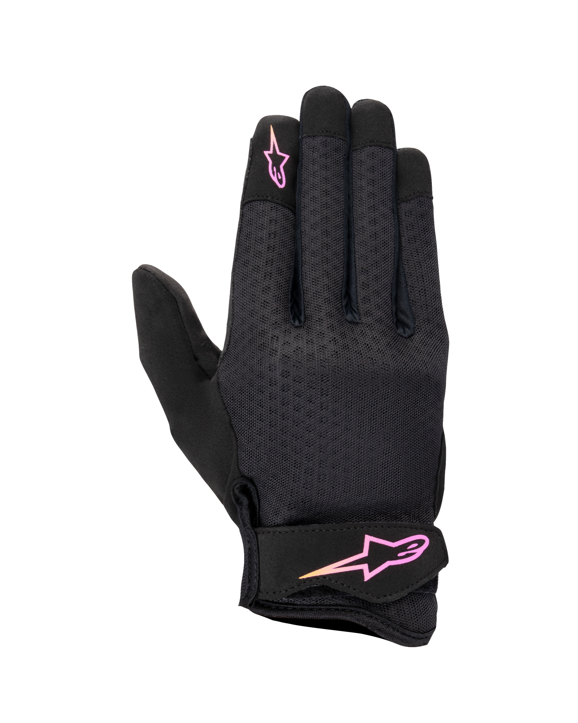 Alpinestars Stated Women's Gloves, Urban Motorcycle Gloves, Black with Pink and Yellow gradient logo, textured airprene backhand, Velcro wrist strap, lightweight and breathable summer gear