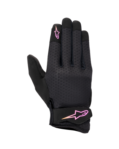 Alpinestars Stated Women's Gloves, Urban Motorcycle Gloves, Black with Pink and Yellow gradient logo, textured airprene backhand, Velcro wrist strap, lightweight and breathable summer gear
