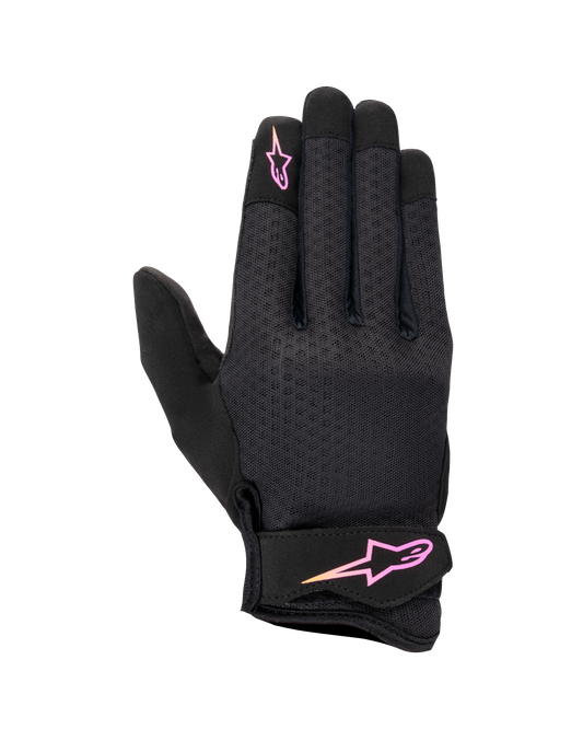 Alpinestars Stated Women's Gloves, Urban Motorcycle Gloves, Black with Pink and Yellow gradient logo, textured airprene backhand, Velcro wrist strap, lightweight and breathable summer gear