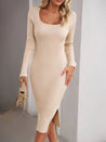 Elegant Ribbed Midi Dress with Side Slit - Apricot - XL - 42275242115141