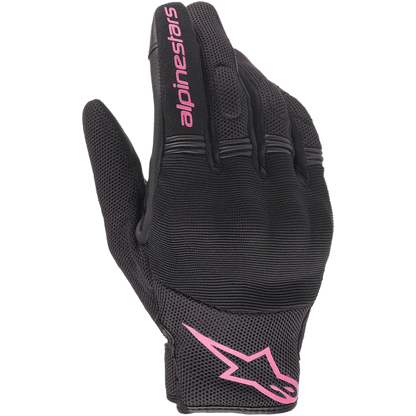 Alpinestars Stella Copper Women's Gloves, Urban Motorcycle Gloves, Black and Fuchsia, featuring breathable mesh textile with covered hard knuckle protection, pink Alpinestars branding on the index finger and cuff