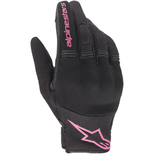 Alpinestars Stella Copper Women's Gloves, Urban Motorcycle Gloves, Black and Fuchsia, featuring breathable mesh textile with covered hard knuckle protection, pink Alpinestars branding on the index finger and cuff