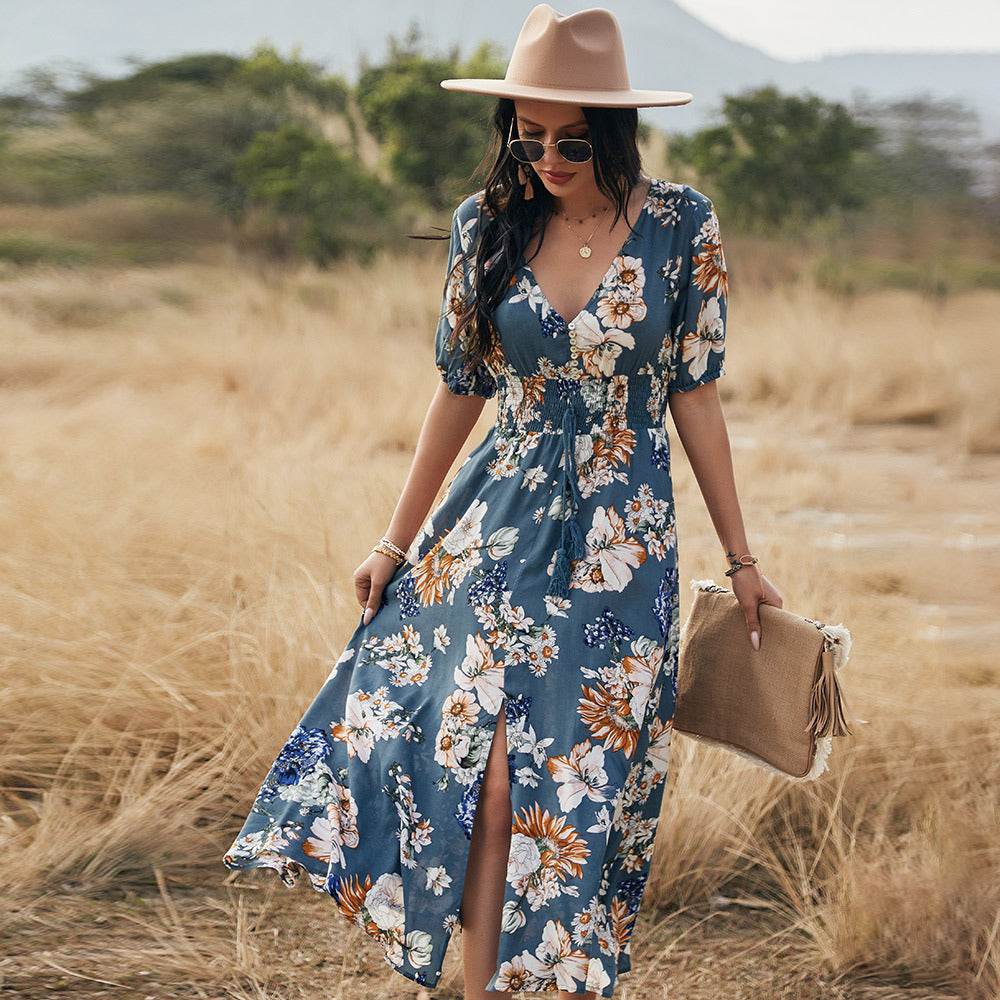 Floral Summer Beach Dress With V Neck Elastic Waist Dresses For Women - Dash Racegear Store
