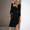 Elegant Ribbed Midi Dress with Side Slit - Black - XL - 42275241984069