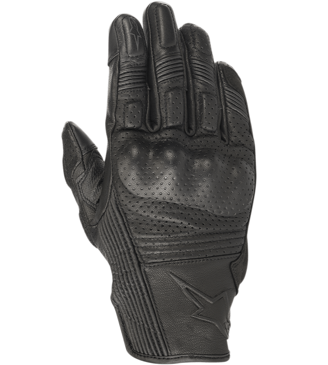 Alpinestars Mustang V2 Gloves, Black Leather Motorcycle Gloves, Perforated Design with Integrated Knuckle Protection, Accordion Stretch Panels on Fingers, Embossed Star Logo, Urban Short-Cuff Style
