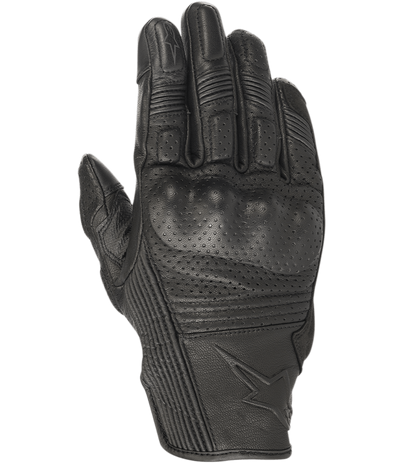 Alpinestars Mustang V2 Gloves, Black Leather Motorcycle Gloves, Perforated Design with Integrated Knuckle Protection, Accordion Stretch Panels on Fingers, Embossed Star Logo, Urban Short-Cuff Style