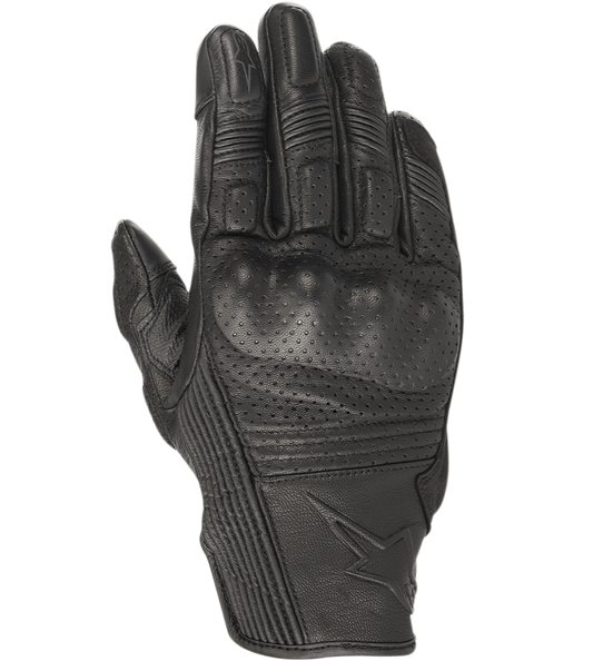 Alpinestars Mustang V2 Gloves, Black Leather Motorcycle Gloves, Perforated Design with Integrated Knuckle Protection, Accordion Stretch Panels on Fingers, Embossed Star Logo, Urban Short-Cuff Style