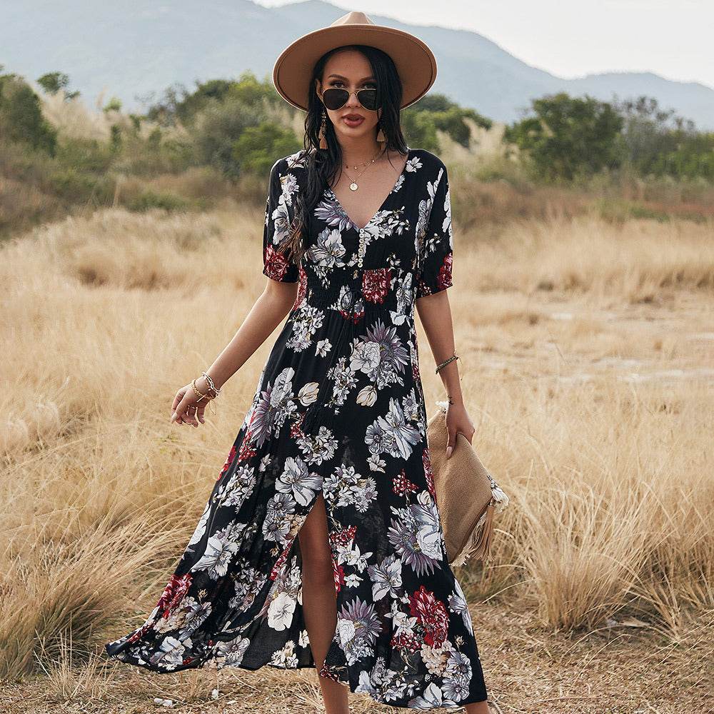 Floral Summer Beach Dress With V Neck Elastic Waist Dresses For Women - Dash Racegear Store