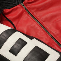8 Ball Logo Fur Hooded Leather Jacket Leather Jacket unisex detail view 2 | Dash Racegear — Red and Black Hooded 8 Ball Fur Jacket