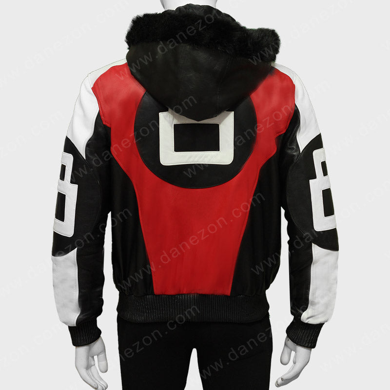 8 Ball Logo Fur Hooded Leather Jacket Leather Jacket unisex detail view 5 | Dash Racegear — Red Fur Hooded 8 Ball Logo Jacket