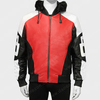 8 Ball Logo Fur Hooded Leather Jacket Leather Jacket unisex front product view | Dash Racegear — Red Leather 8 Ball Logo Jacket