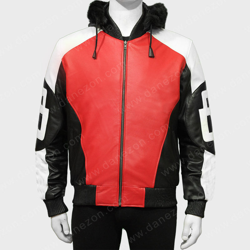 8 Ball Logo Fur Hooded Leather Jacket Leather Jacket unisex front product view | Dash Racegear — Red Leather 8 Ball Logo Jacket