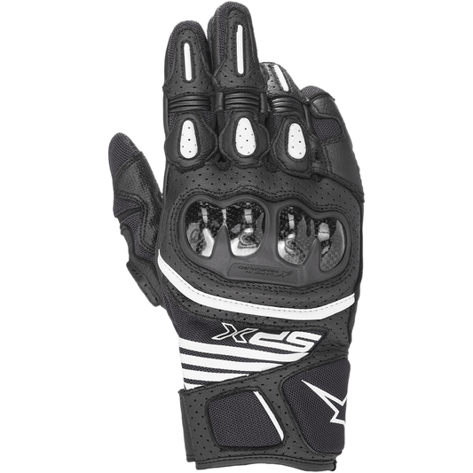 Alpinestars SPX AC V2 Gloves, Short-Cuff Motorcycle Gloves, Black and White, featuring glossy carbon knuckle protection, perforated leather and mesh for ventilation, white TPR finger inserts, and sporty SPX branding