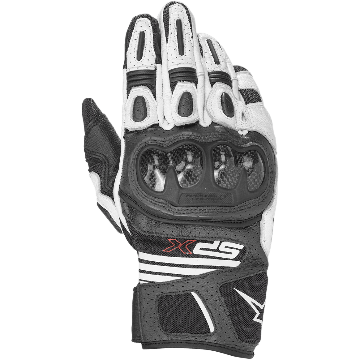 Alpinestars SPX AC V2 Gloves, Motorcycle Racing Gloves, Black and White, featuring carbon fiber knuckle protection, perforated leather and mesh ventilation panels, and red SPX branding on the cuff
