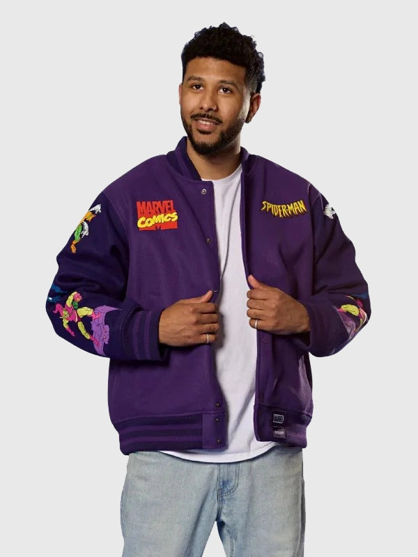 Cakeworthy Spider Man 90’s Varsity Jacket Varsity Jacket unisex detail view 2 | Dash Racegear — Purple 90's Spider-Man Marvel Comics Cakeworthy varsity jacket crafted for premium comfort and versatile casual fashion.