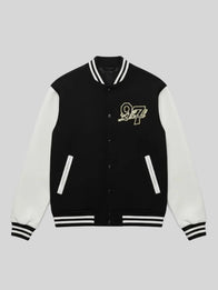 97 lloud Varsity Jacket Varsity Jacket unisex front product view | Dash Racegear — 97 lloud Varsity Jacket in black & white, classic collegiate style for casual streetwear.