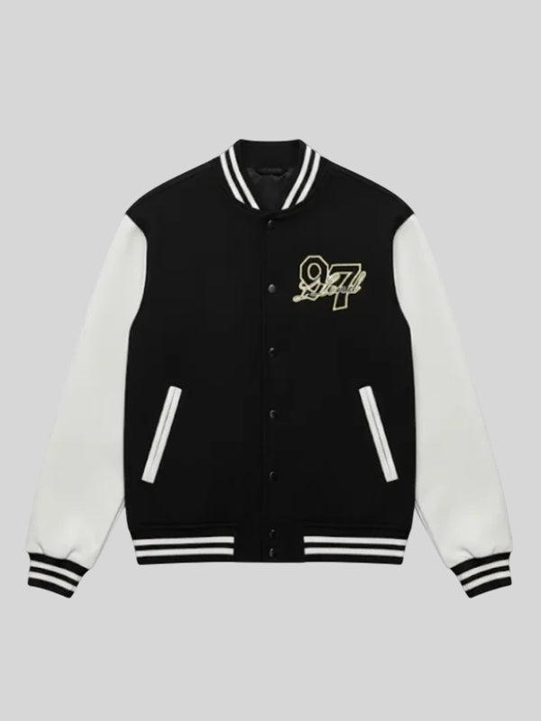 97 lloud Varsity Jacket Varsity Jacket unisex front product view | Dash Racegear — 97 lloud Varsity Jacket in black & white, classic collegiate style for casual streetwear.