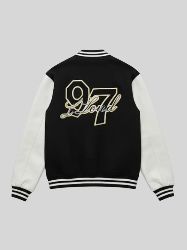 97 lloud Varsity Jacket Varsity Jacket unisex detail view 2 | Dash Racegear — Black and white 97 lloud Varsity Jacket, retro-inspired design, perfect for everyday layering.
