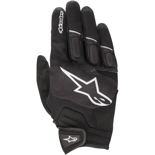 Alpinestars Atom Gloves, lightweight motorcycle riding gloves, Black and White, featuring a large white star logo on the backhand, mesh panels for ventilation, padded knuckles, and a secure hook-and-loop wrist closure