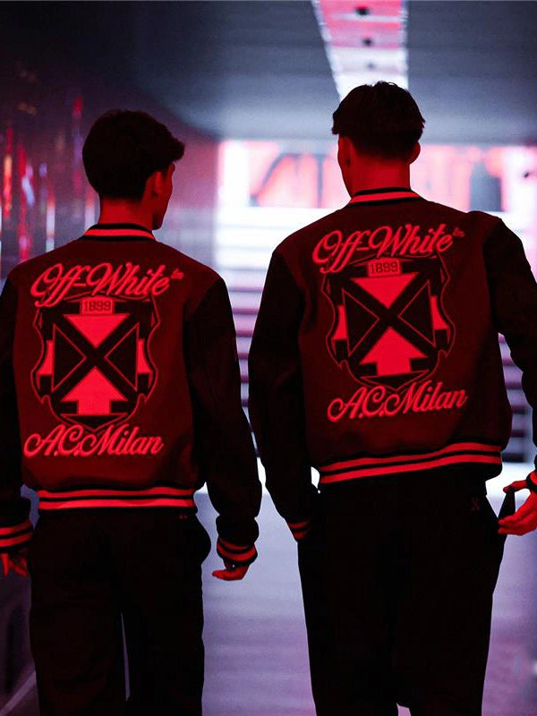 AC Milan x Off-White 2025 Varsity Jacket Varsity Jacket unisex front product view | Dash Racegear — Exclusive AC Milan x Off-White Varsity Jacket redefining club fashion heritage