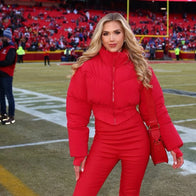 Gracie Hunt AFC Championship Crop Puffer Jacket Puffer Jacket unisex front product view | Dash Racegear — Gracie Hunt’s Trendy Crop Puffer Jacket for AFC Championship