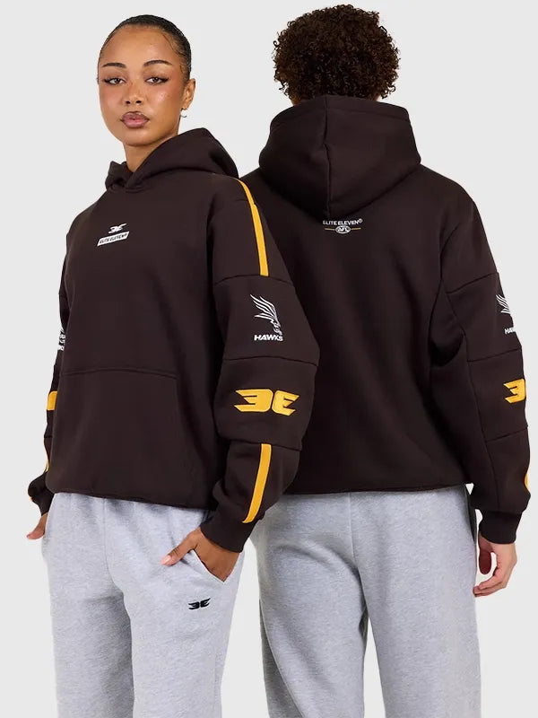 AFL x Elite Eleven Hawthorne Hawks Hoodie Hoodie unisex detail view 2 | Dash Racegear — AFL x Elite Eleven Hawthorn Hawks hoodie in brown with simple sports-inspired design and easy styling.