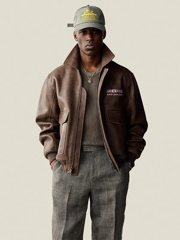 Aime Leon Dore World’s Borough Leather Flight Jacket Jacket unisex detail view 3 | Dash Racegear — Brown World’s Borough 2026 leather jacket with zip closure and subtle logo patch for rugged fan appeal.