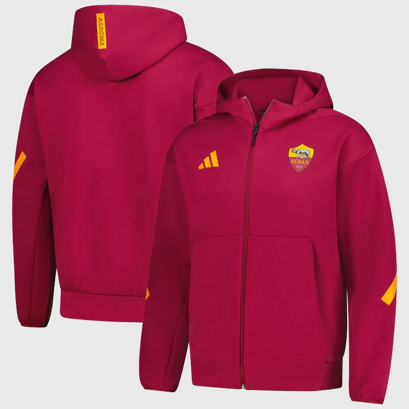 AS Roma Adidas 2025/26 Anthem Red Jacket Jacket unisex front product view | Dash Racegear — Italian football flair – AS Roma 2025/26 Adidas jacket in red