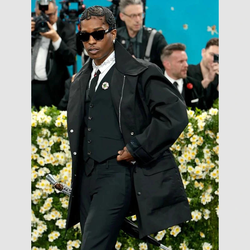 2025 Met Gala ASAP Rocky Black Coat Coat unisex detail view 4 | Dash Racegear — Black Designer Coat Worn by ASAP Rocky at 2025 Met Gala