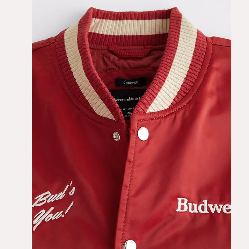 Abercrombie Budweiser Varsity Bomber Jacket Bomber Jacket unisex detail view 5 | Dash Racegear — Abercrombie & Fitch Satin Red Jacket