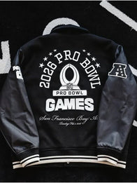 Abercrombie 2026 Pro Bowl Game Jacket Jacket unisex front product view | Dash Racegear — Abercrombie 2026 Pro Bowl Games Varsity Jacket in black, wool body with leather sleeves for bold fan style.