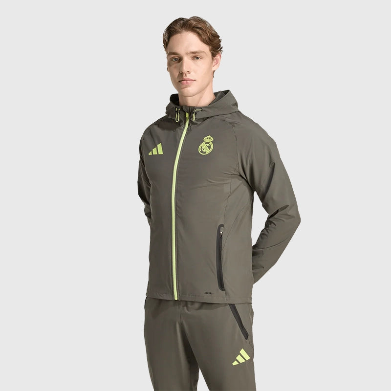 Adidas Real Madrid 2025 Vis Tech Travel Jacket Jacket unisex front product view | Dash Racegear — Real Madrid 2025 Jacket – Adidas Performance Travelwear