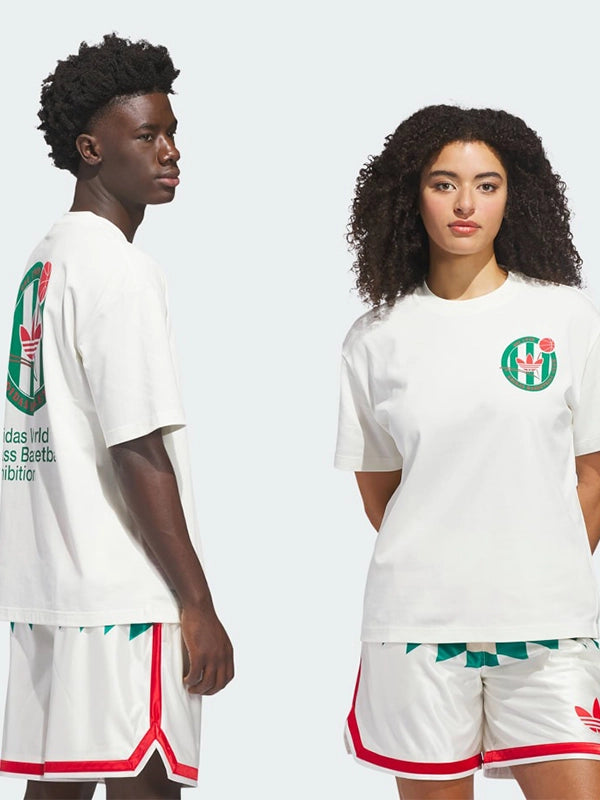 Adidas Basketball Crest T-Shirt Shirt unisex front product view | Dash Racegear — Unisex Adidas White Basketball Crest Tee, 2026 edition, lightweight fabric with classic sports-inspired logo.