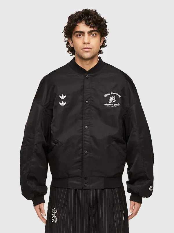 Adidas x Willy Chavarria Coaches Jacket Jacket unisex detail view 3 | Dash Racegear — Adidas x Willy Chavarria 2026 coaches jacket in black satin with embroidered stripes and sleek zipped front.