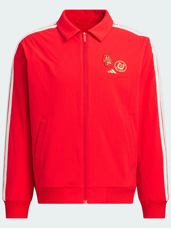 Adidas CNY 3 Stripes Woven Jacket Jacket unisex front product view | Dash Racegear — Recreation Adidas Chinese New Year 2026 3 Stripes woven fleece bomber jacket in red with classic athletic styling