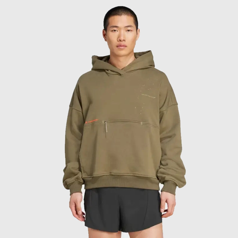 Adidas Hermanos Koumori Adi365 Running Hoodie Hoodie unisex detail view 2 | Dash Racegear — Adidas Adi365 hoodie in forest green with Koumori text graphics and relaxed fit