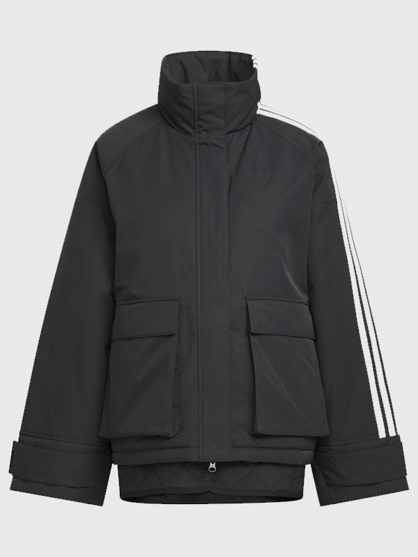 Adidas 3S Black Padded Jacket Jacket unisex front product view | Dash Racegear — Recreated Adidas premium oversized black padded jacket featuring iconic 3-Stripes details and a clean outerwear profile