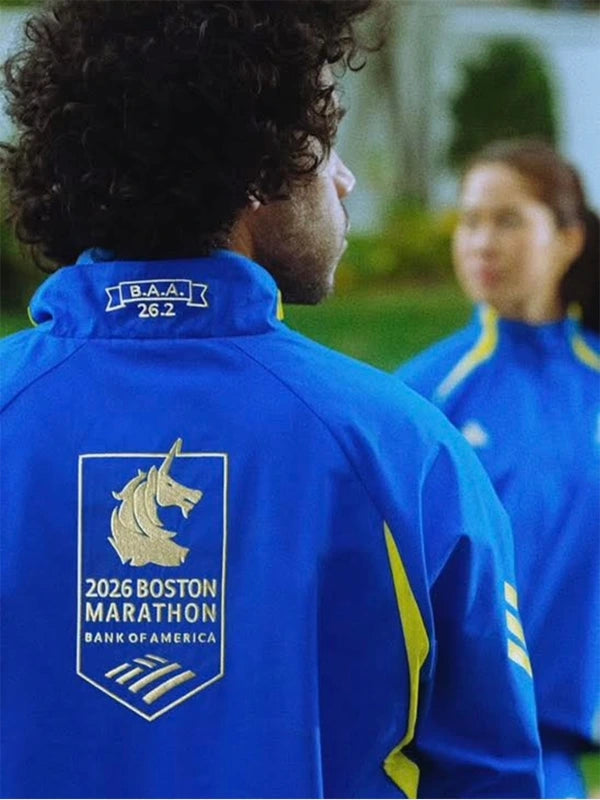 Boston Marathon Jacket 2026 Jacket unisex detail view 2 | Dash Racegear — 2026 Adidas Boston Marathon Celebration Jacket in Blue, lightweight performance jacket for training, jogging, or race day events.