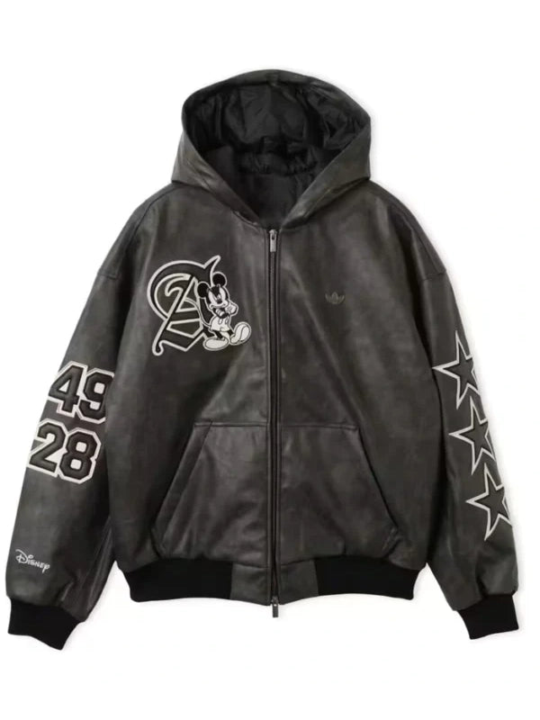 Adidas Disney Mickey Mouse Dreams Jacket Jacket unisex detail view 3 | Dash Racegear — Where Dreams Come True 2026 black leather jacket featuring Adidas design and a modern hooded silhouette.