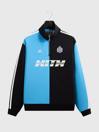 Kith & Messi for Adidas Football Quarter Zip Jacket Jacket unisex front product view | Dash Racegear — Kith & Messi for Adidas Football 2026 Unisex Fleece Quarter Zip Pullover Jacket – Blue & Black featuring soft comfort and clean sporty design.