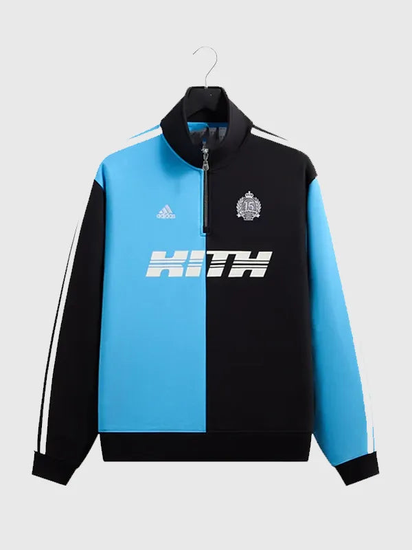 Kith & Messi for Adidas Football Quarter Zip Jacket Jacket unisex front product view | Dash Racegear — Kith & Messi for Adidas Football 2026 Unisex Fleece Quarter Zip Pullover Jacket – Blue & Black featuring soft comfort and clean sporty design.