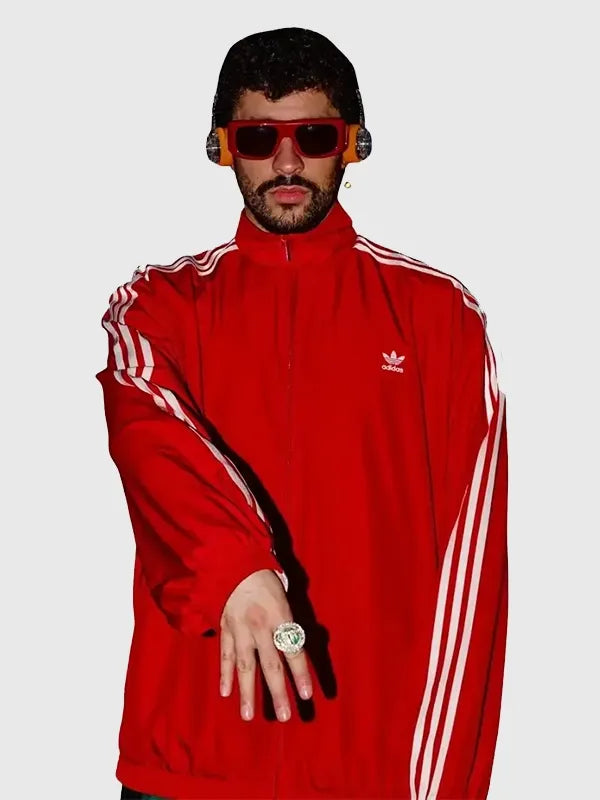 Adidas Para Bad Bunny Jacket Jacket unisex front product view | Dash Racegear — Adidas Para Bad Bunny red track jacket featuring a bold sporty design with clean streetwear styling and standout color contrast.