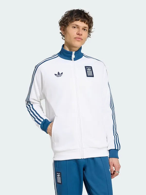 Adidas Greece Track Jacket Jacket unisex front product view | Dash Racegear — 2026 Adidas Greece White Track Jacket for Men and Women clean athletic style with zip comfort for training and casual street wear